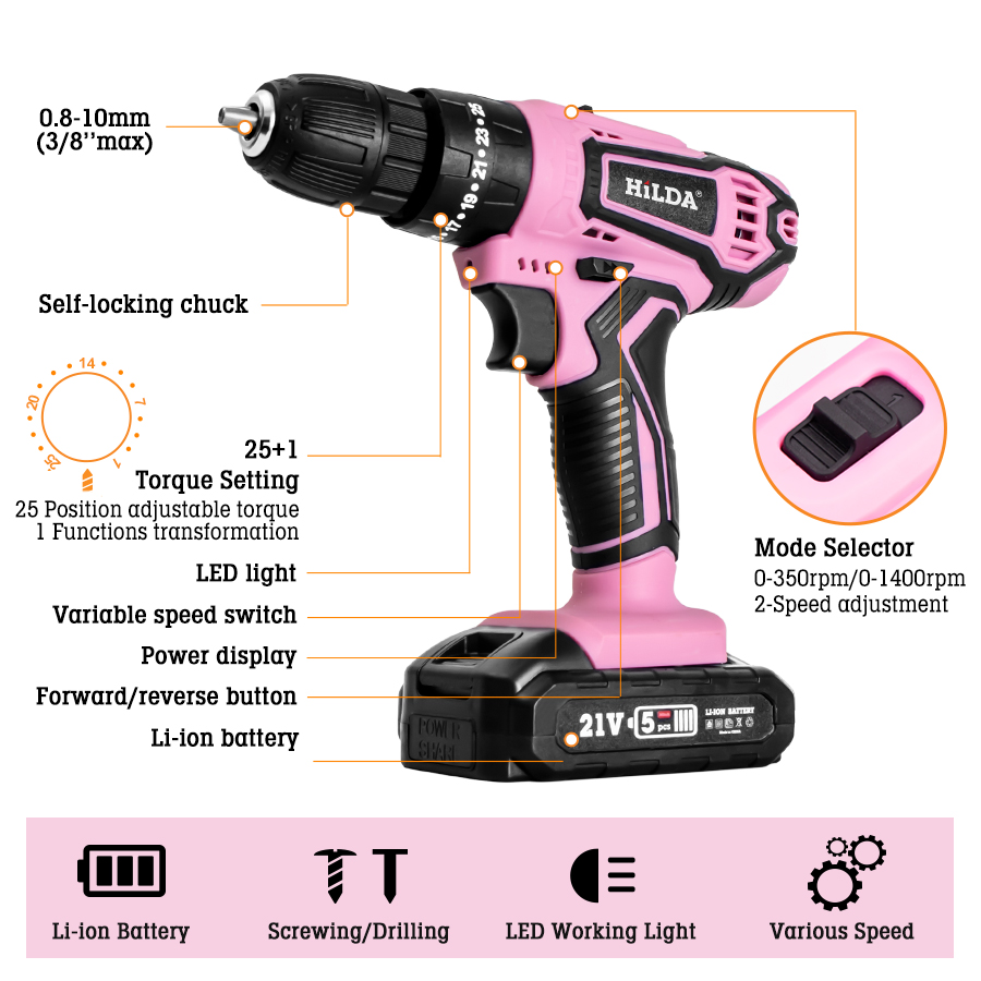 HILDA 21V Pink Drill Electric  - Power Tools Pink recensie en prijs
